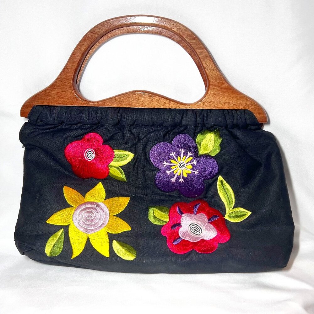 Prezzo Hand Bag-Wood Handles-Black Canvas/Multi Colors-Floral Embroidered-Unique